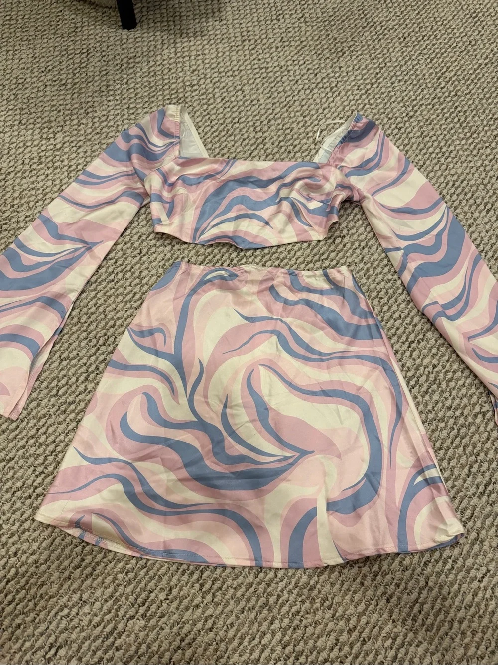 Princess Polly Pastel Swirl Mini Skirt and Top Set in Pink, Blue, Cream Size 10